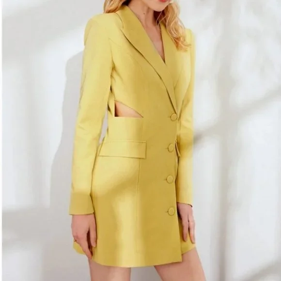 side cut out buttoned blazer dress chic classy elegant fall winter trend yellow - Picture 5 of 7